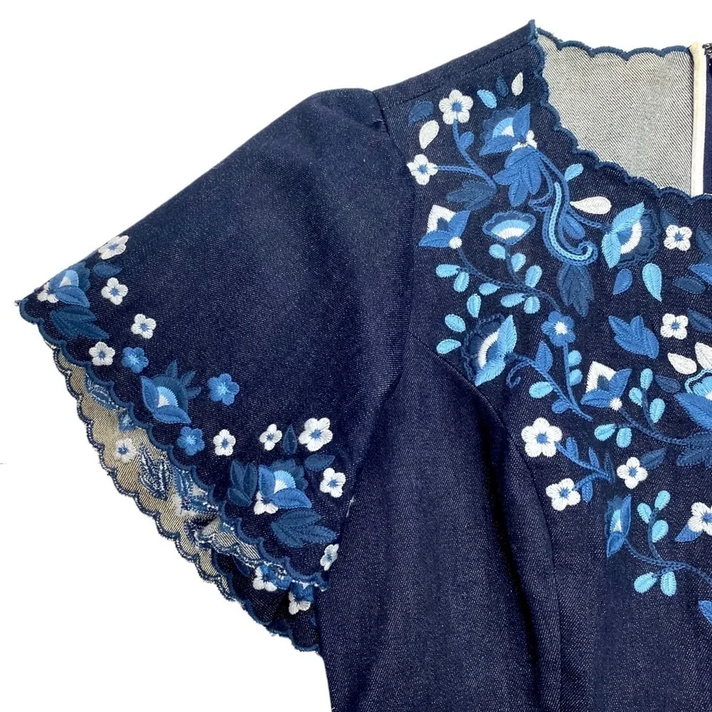 KATE Spade Rare Floral Embroidered Ruffle Short- Sleeve Denim Flare Dress